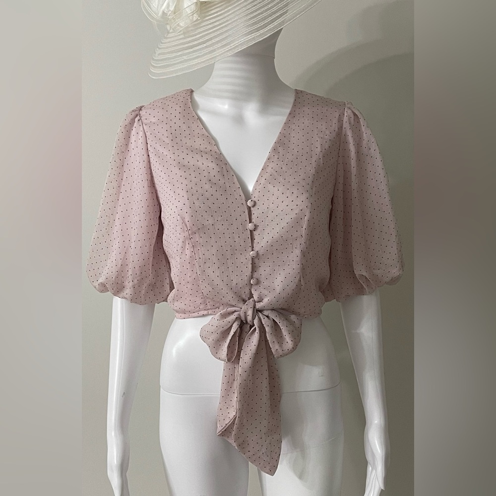 Forever 21 Puff Sleeve Tie Front Crop Top Polka Dot Size S Bust 33-36”